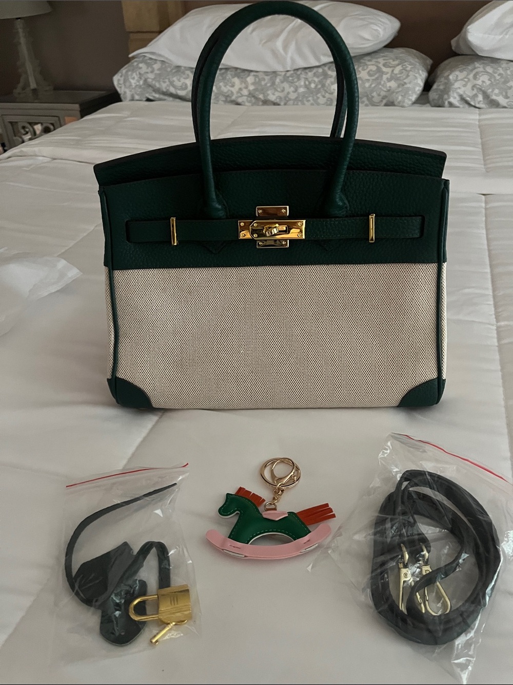 Green & Cream Structured Top-Handle Women’s Satchel